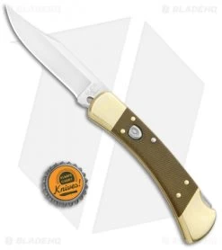 Buck Knives Buck 110 Automatic Knife OD Grn Micarta/Brushed Brass (3.75" S30V SW) Exclusive -Knives Online Store Buck 110 Auto OD Green Micarta Brushed Brass SW 0110GRSABHQ2 B BHQ 90211 jr bottlecap