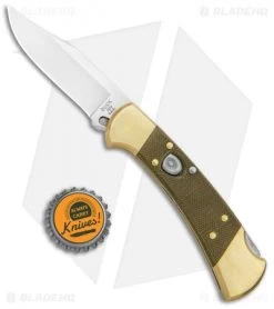 Buck Knives Buck 112 Exclusive Automatic Knife Green Micarta/Brass (3" Satin) -Knives Online Store Buck 112 Exclusive Auto OD Green Micarta Polished Brass Satin 0112GRSABHQ B BHQ 101545 jr bottlecap 1 2
