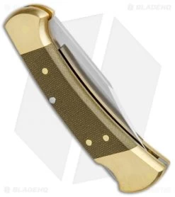 Buck Knives Buck 112 Exclusive Automatic Knife Green Micarta/Brass (3" Satin) -Knives Online Store Buck 112 Exclusive Auto OD Green Micarta Polished Brass Satin 0112GRSABHQ B BHQ 101545 jr side 1 2