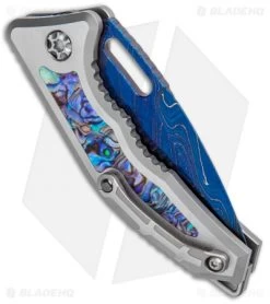 Heretic Knives Medusa Tanto Automatic Knife Ti/Abalone Blued (3" Dama/Recurve) -Knives Online Store Heretic Knives Medusa Tanto Auto Ti Abalone Blue Recurve Damascus BHQ 101700 jr side