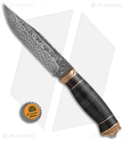 Olamic Voykar HT Fixed Blade Knife Stacked Leather/Bronze (6" Marbled Damascus) 6 Olamic Voykar HT Fixed Blade Knife Stacked Leather/Bronze (6" Marbled Damascus) - Image 4